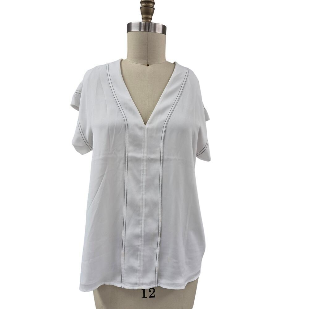 Neiman Marcus 100% polyester White Career Blouse V Neck Womens Sz L